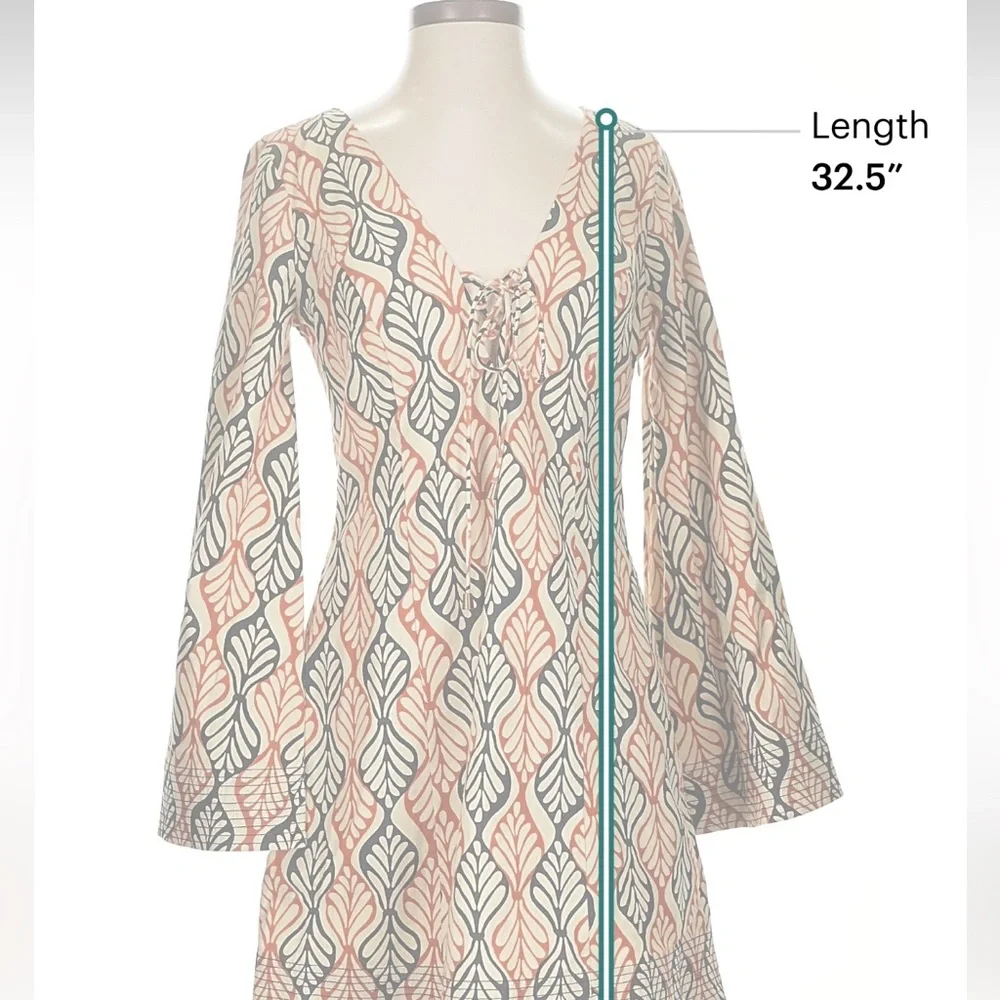 Free People Boho Tunic Dress Lace-Up Bell Sleeve Leaf Print – Small - Picture 3 of 7